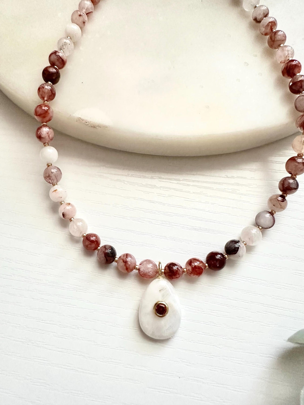 Fire Quartz Necklace with White Moonstone Pendant | Gold Filled Gemstone Necklace