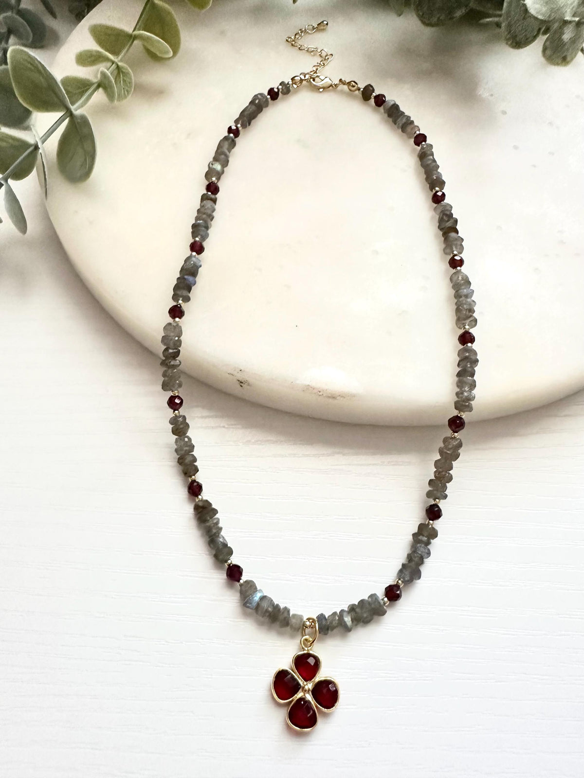 Labradorite & Garnet Necklace with Garnet Clover Pendant | Gold Filled Gemstone Necklace