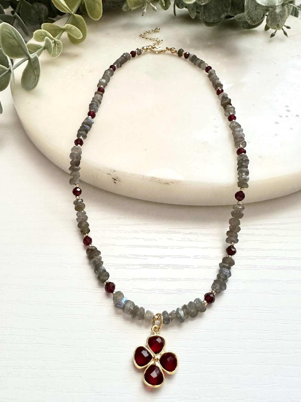 Labradorite & Garnet Necklace with Garnet Clover Pendant | Gold Filled Gemstone Necklace