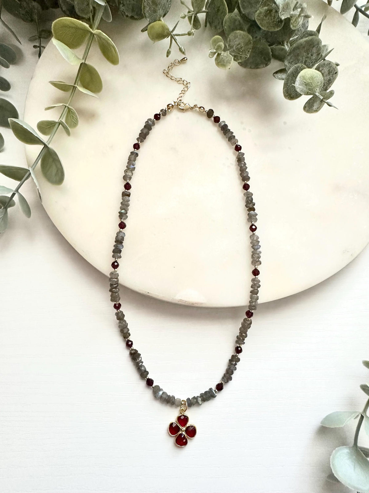 Labradorite & Garnet Necklace with Garnet Clover Pendant | Gold Filled Gemstone Necklace