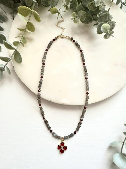 Labradorite & Garnet Necklace with Garnet Clover Pendant | Gold Filled Gemstone Necklace