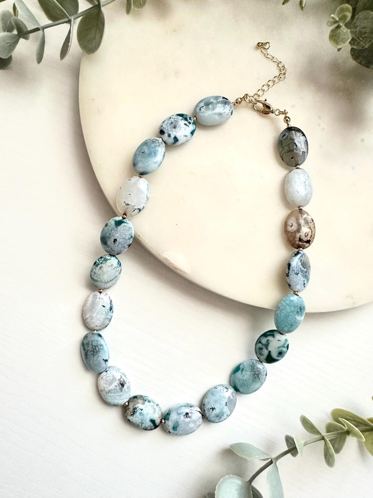 Blue Dragon Vein Agate Necklace | 20mm Statement Gemstone Necklace | Gold Filled Jewelry