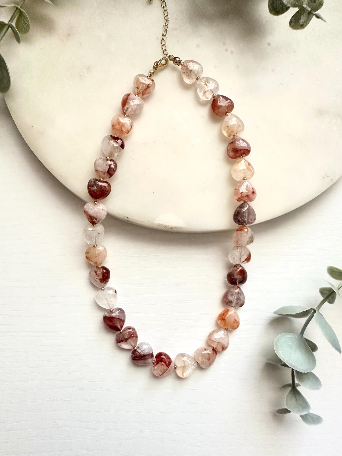 Fire Quartz Heart Necklace | 12mm Gemstone Hearts | Gold Filled Beaded Necklace