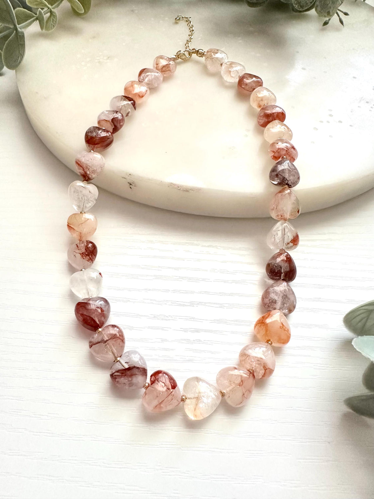 Fire Quartz Heart Necklace | 12mm Gemstone Hearts | Gold Filled Beaded Necklace
