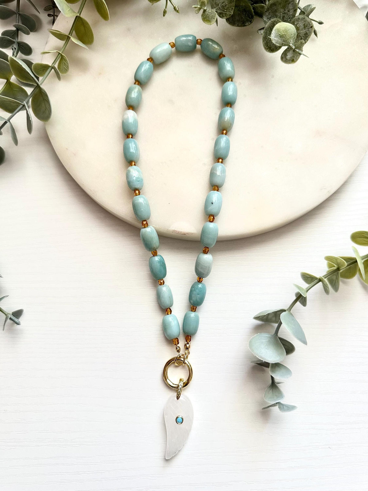 Amazonite Necklace with White Quartz Wing Pendant | Gold Filled Gemstone Statement Necklace