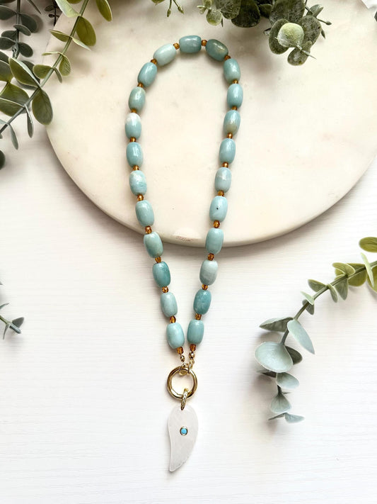 Amazonite Necklace with White Quartz Wing Pendant | Gold Filled Gemstone Statement Necklace