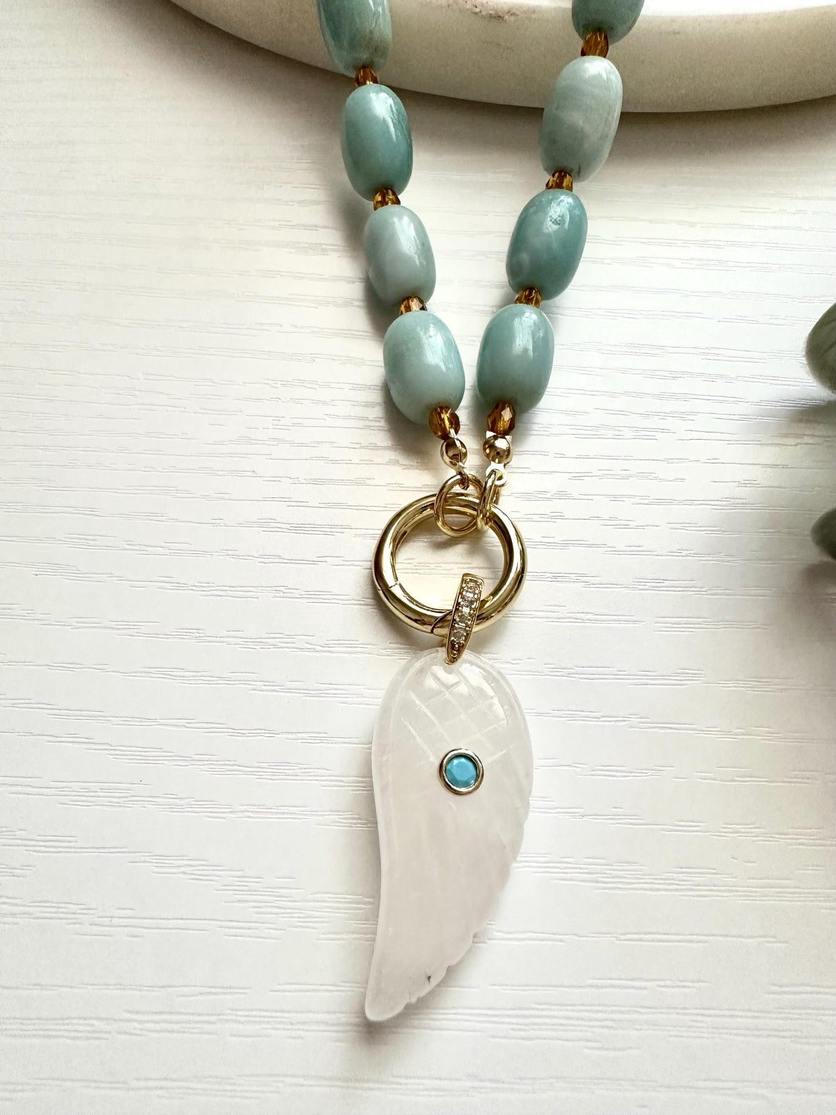 Amazonite Necklace with White Quartz Wing Pendant | Gold Filled Gemstone Statement Necklace