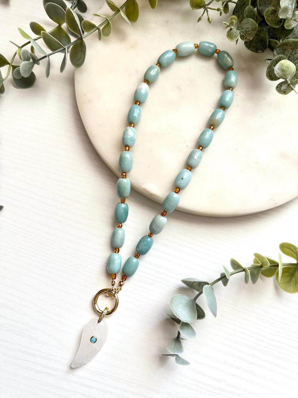 Amazonite Necklace with White Quartz Wing Pendant | Gold Filled Gemstone Statement Necklace