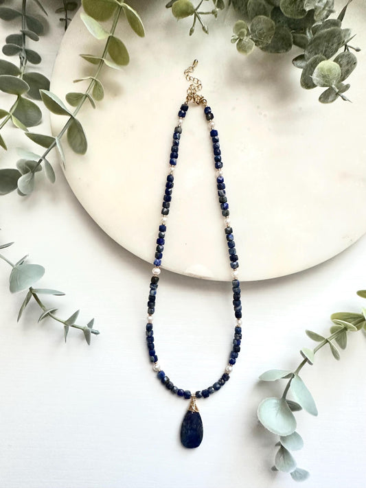 Lapis Lazuli & Freshwater Pearl Necklace with Teardrop Pendant | Gold Filled Gemstone Necklace