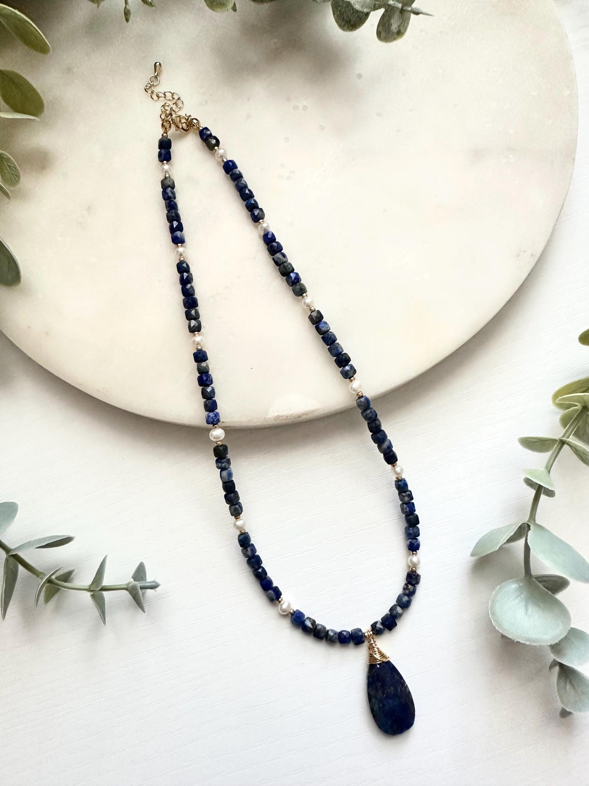 Lapis Lazuli & Freshwater Pearl Necklace with Teardrop Pendant | Gold Filled Gemstone Necklace