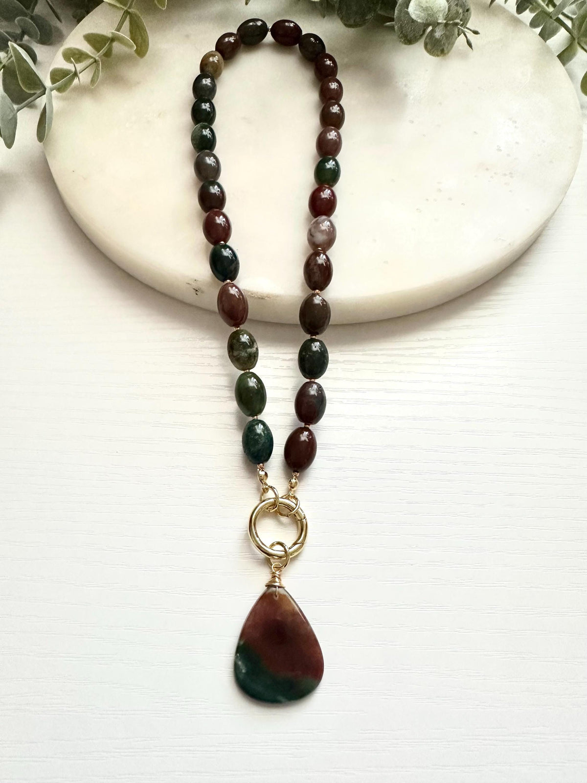 Indian Agate Necklace with Moss Agate Pendant | Gold Filled Carabiner Gemstone Necklace