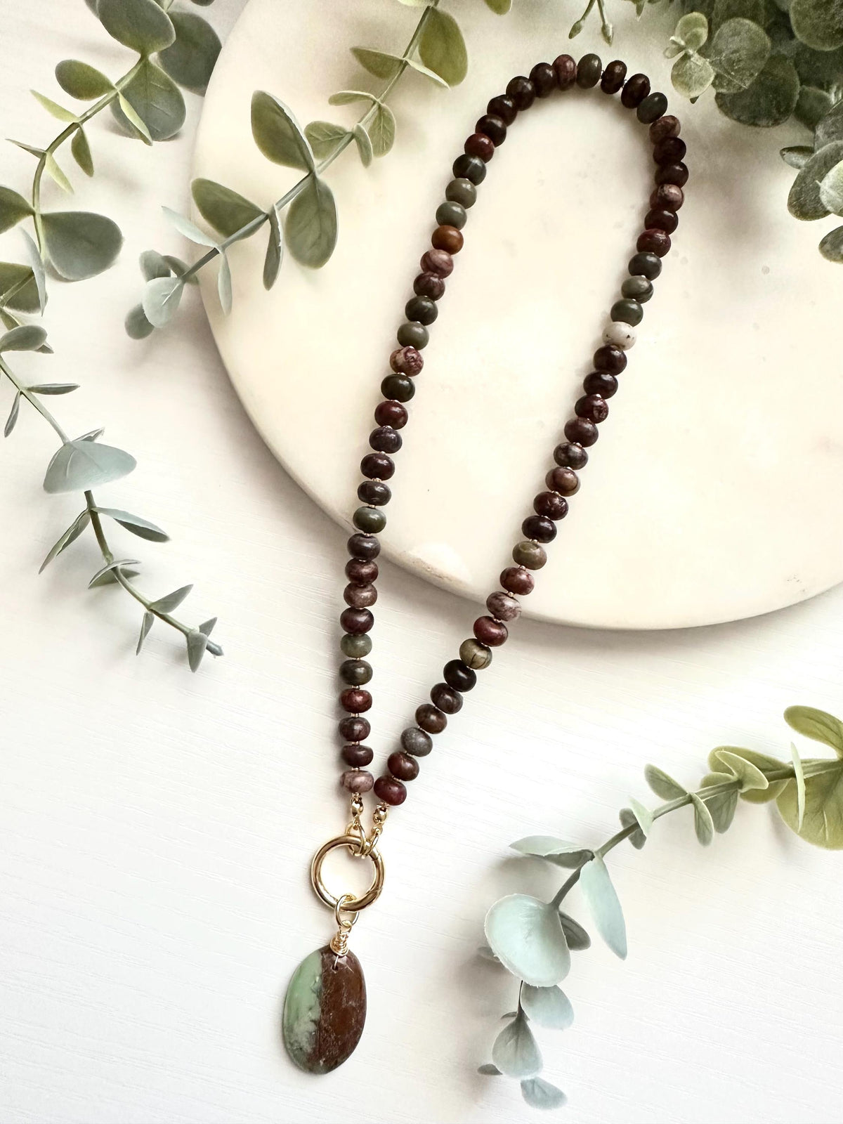 Polychrome Jasper Necklace with Chrysoprase Pendant | Gold Filled Carabiner Gemstone Necklace