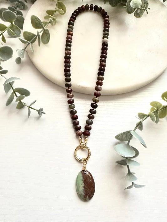 Polychrome Jasper Necklace with Chrysoprase Pendant | Gold Filled Carabiner Gemstone Necklace