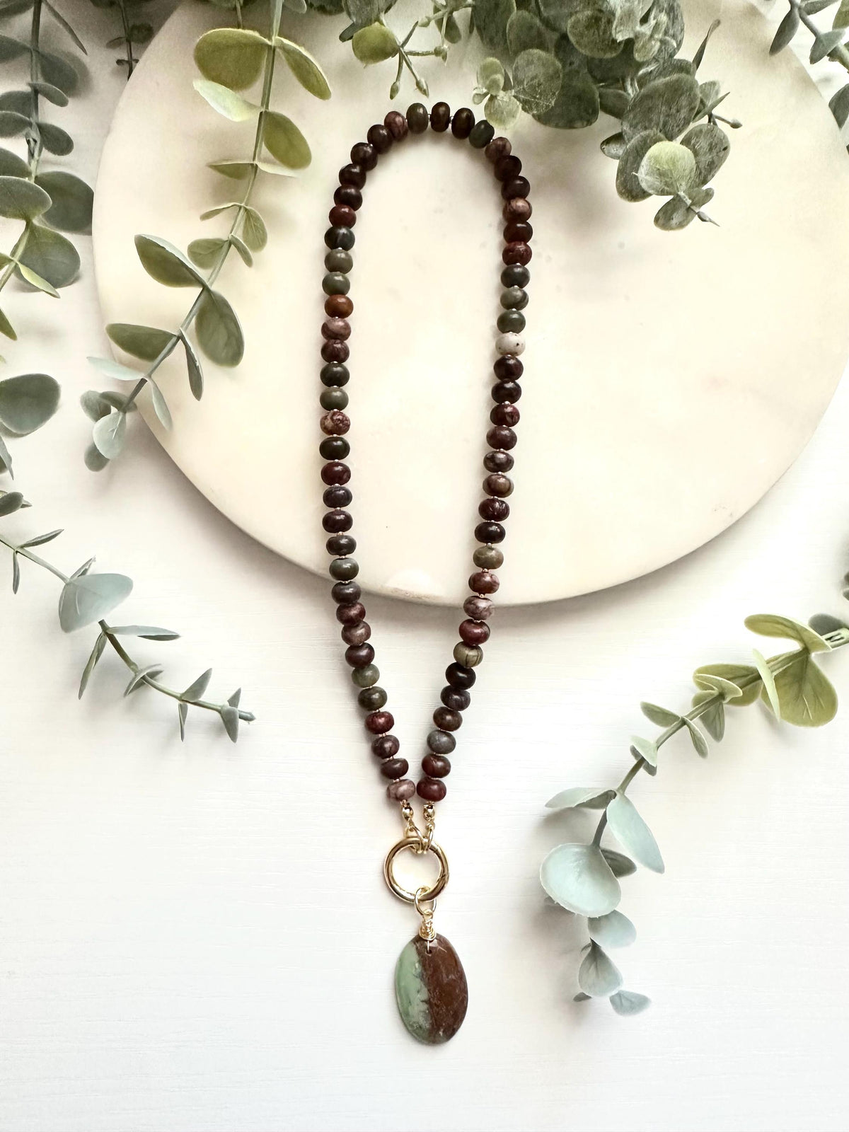 Polychrome Jasper Necklace with Chrysoprase Pendant | Gold Filled Carabiner Gemstone Necklace