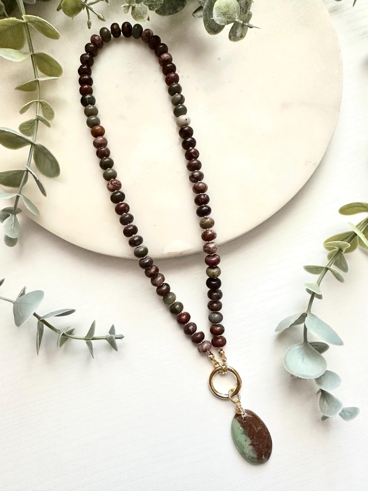 Polychrome Jasper Necklace with Chrysoprase Pendant | Gold Filled Carabiner Gemstone Necklace