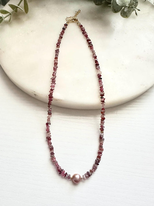 Multicolor Spinel Necklace with Mauve Freshwater Pearl | Dainty Gemstone Necklace | Gold Filled Jewelry