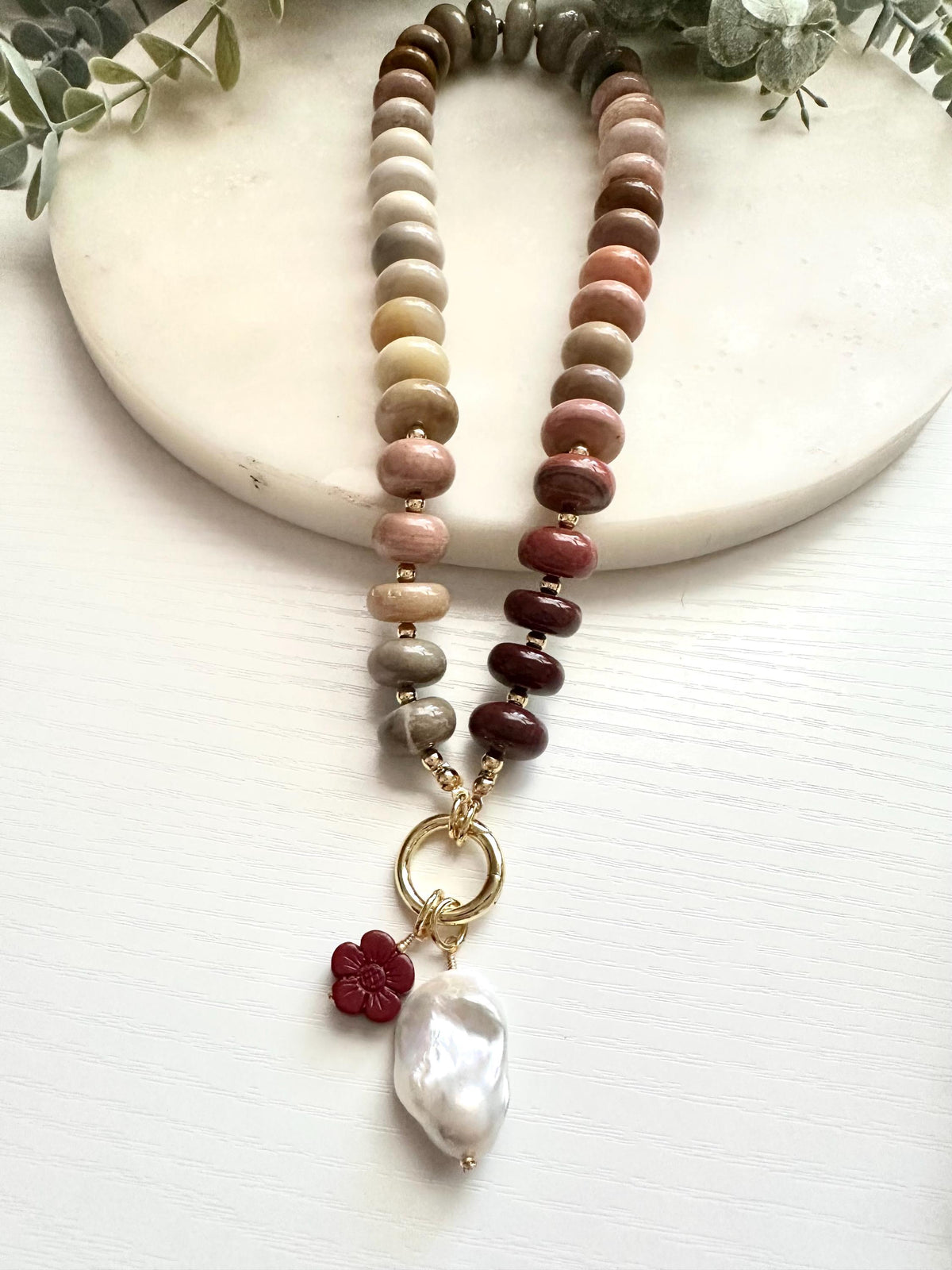 Multicolor Alashan Agate Necklace with Baroque Pearl & Cinnabar Flower | Gold Filled Carabiner Necklace