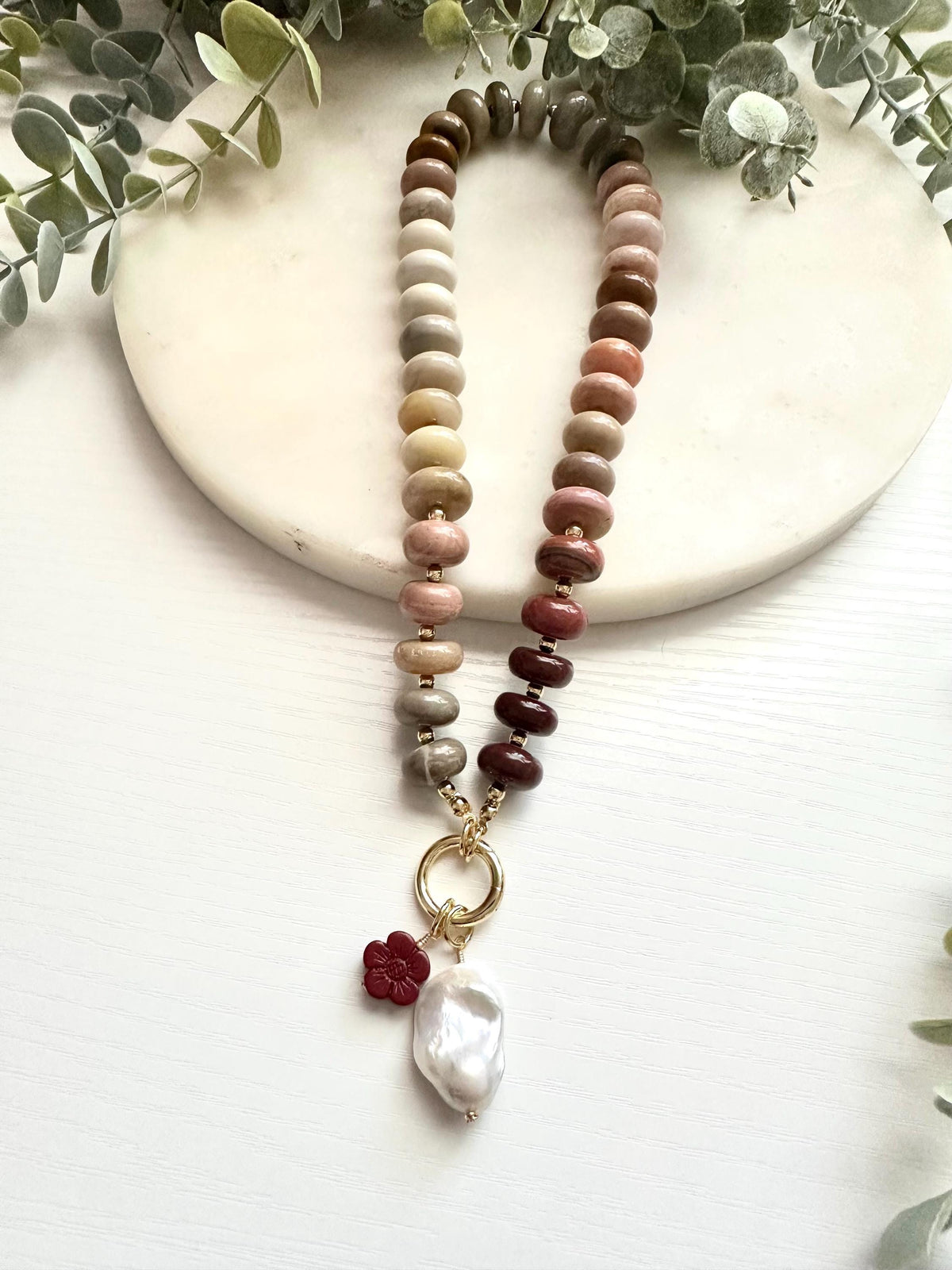 Multicolor Alashan Agate Necklace with Baroque Pearl & Cinnabar Flower | Gold Filled Carabiner Necklace