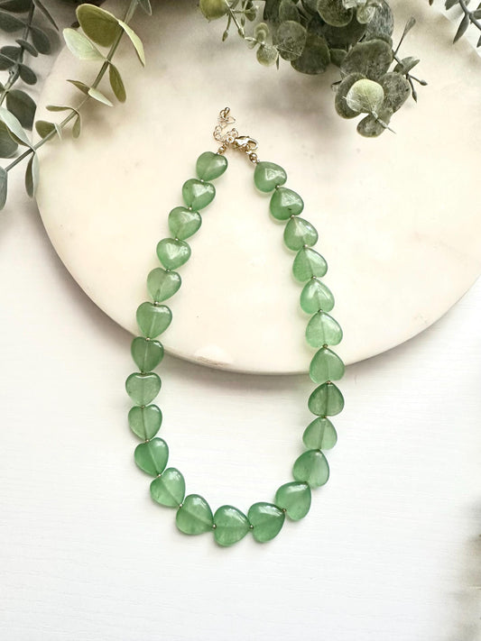 Green Aventurine Heart Necklace | 15mm Gemstone Hearts | Gold Filled Necklace