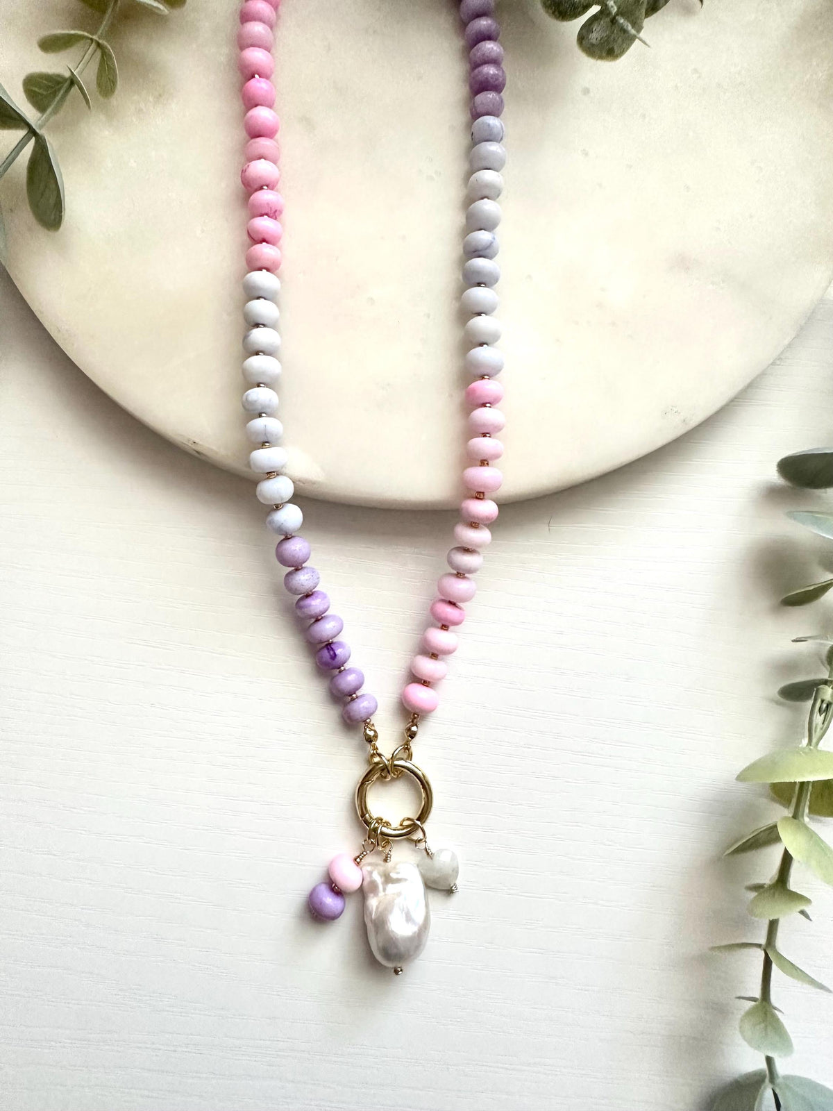 Pink Purple Ombré Opal Necklace with Baroque Pearl | Gold Filled Carabiner Gemstone Necklace