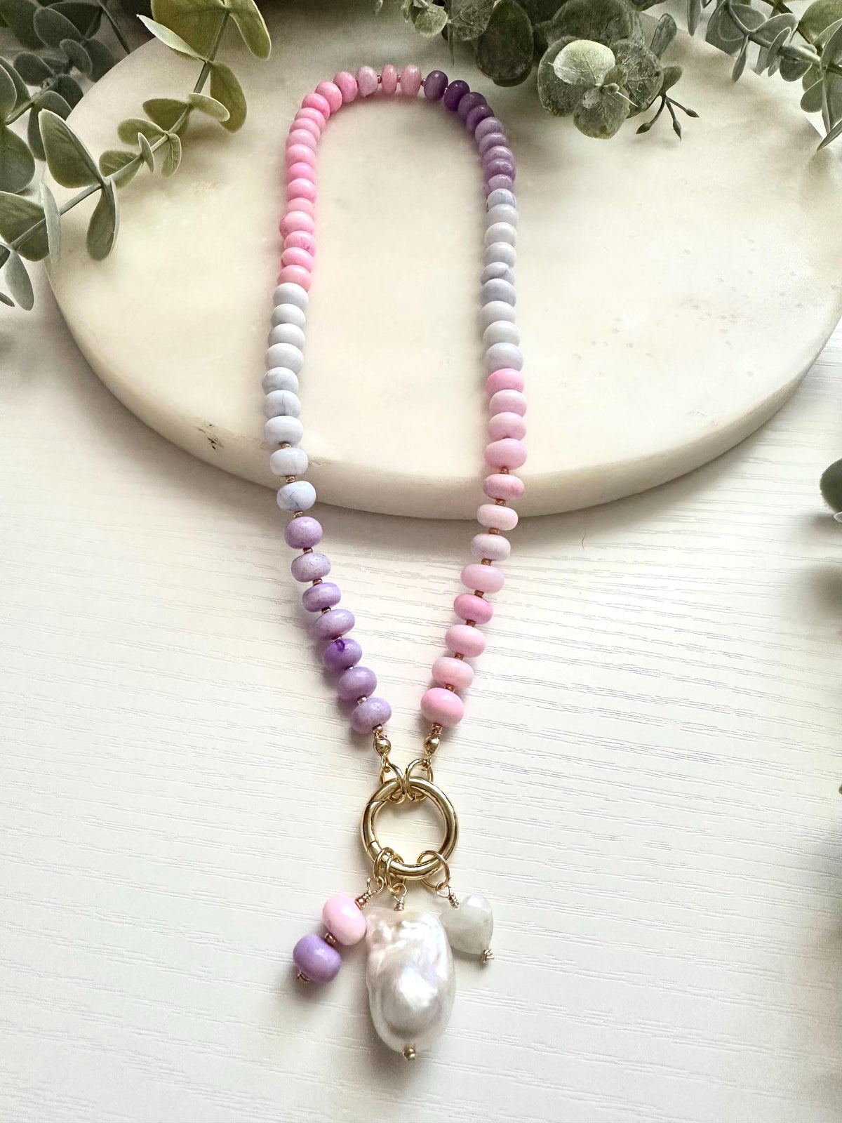 Pink Purple Ombré Opal Necklace with Baroque Pearl | Gold Filled Carabiner Gemstone Necklace