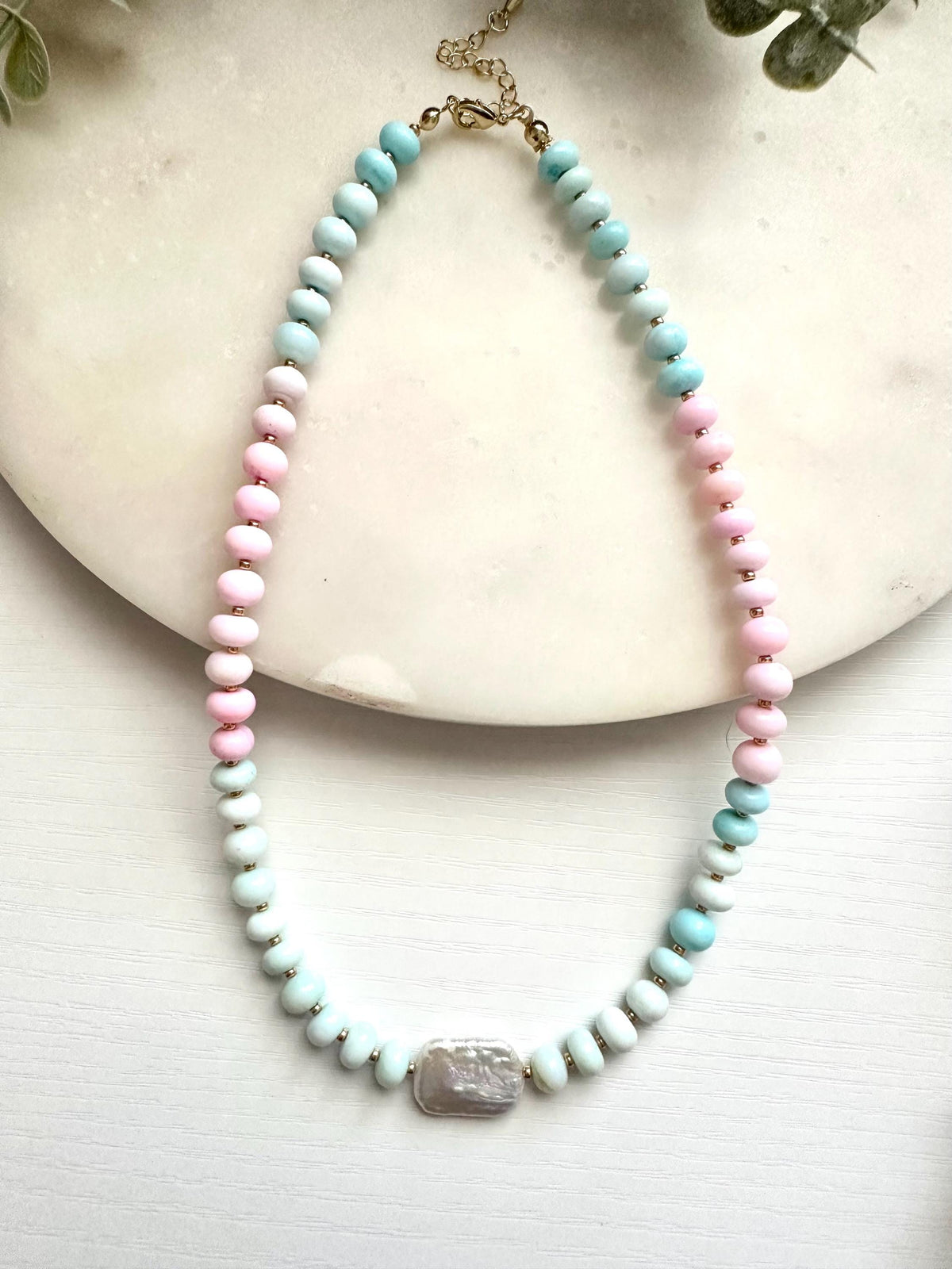 Pastel Ombré Opal Necklace with Freshwater Pearl | Pink & Blue Gemstone Necklace | Gold Filled
