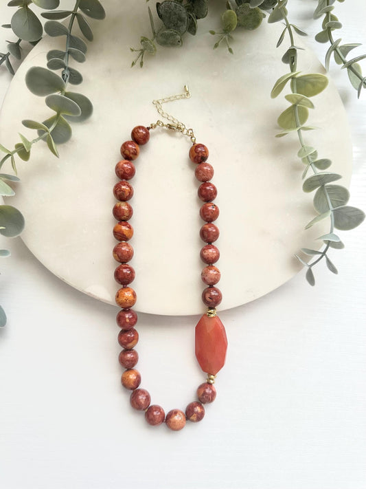 Red Orange Jasper Necklace with Orange Agate Focal | Gold Filled Gemstone Necklace
