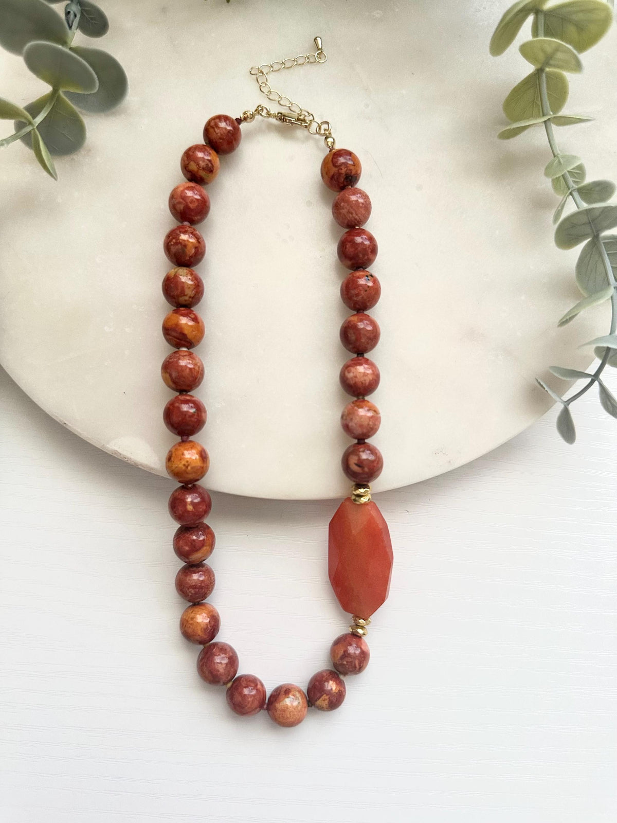 Red Orange Jasper Necklace with Orange Agate Focal | Gold Filled Gemstone Necklace
