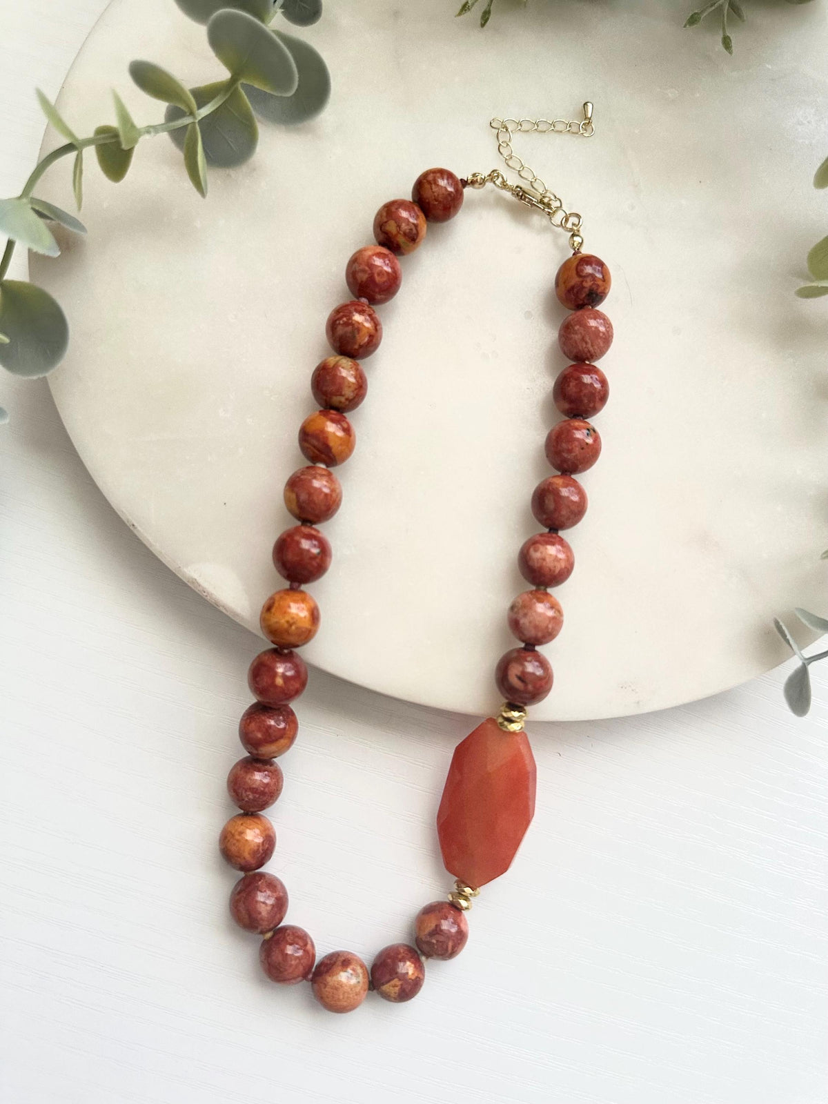 Red Orange Jasper Necklace with Orange Agate Focal | Gold Filled Gemstone Necklace