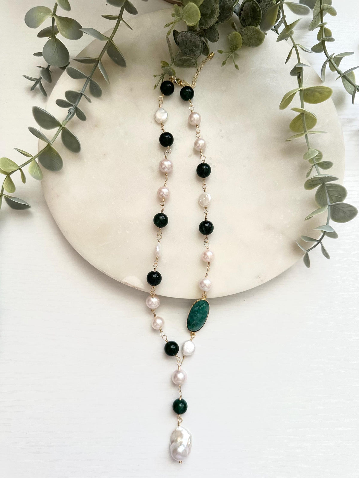 Emerald & Edison Pearl Lariat Necklace | Gold Filled Green Gemstone Y Necklace