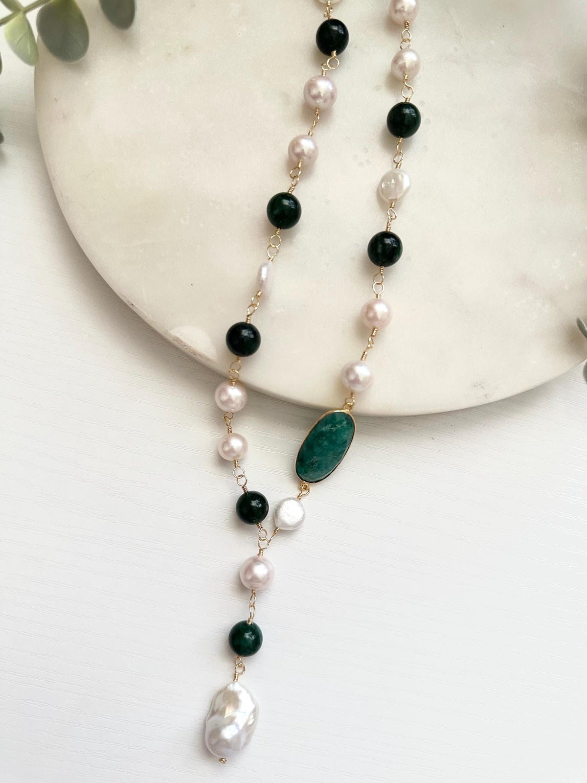 Emerald & Edison Pearl Lariat Necklace | Gold Filled Green Gemstone Y Necklace