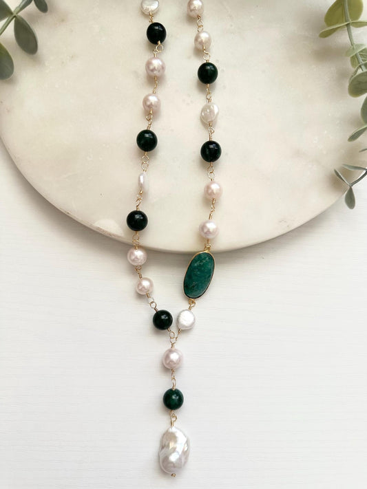 Emerald & Edison Pearl Lariat Necklace | Gold Filled Green Gemstone Y Necklace