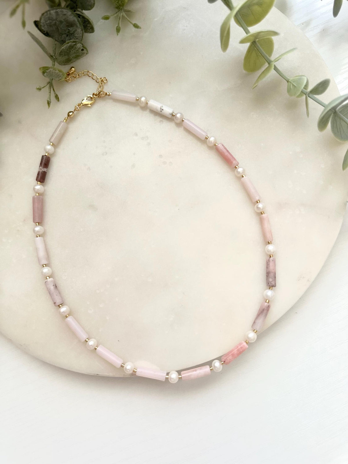 Pink Opal & Freshwater Pearl Necklace | Gold Filled Blush Gemstone Necklace