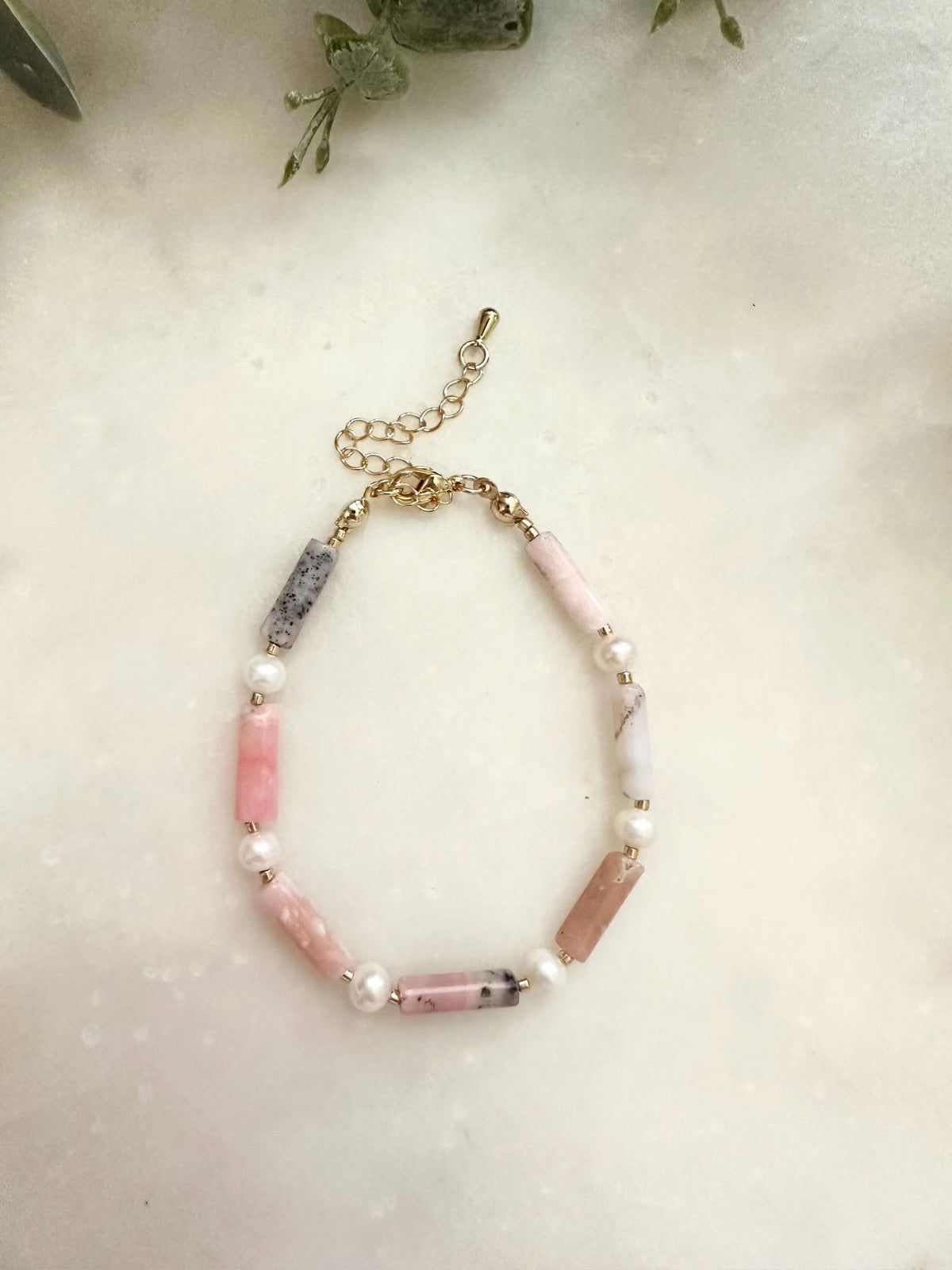 Pink Opal & Freshwater Pearl Bracelet | Gold Filled Gemstone Bracelet