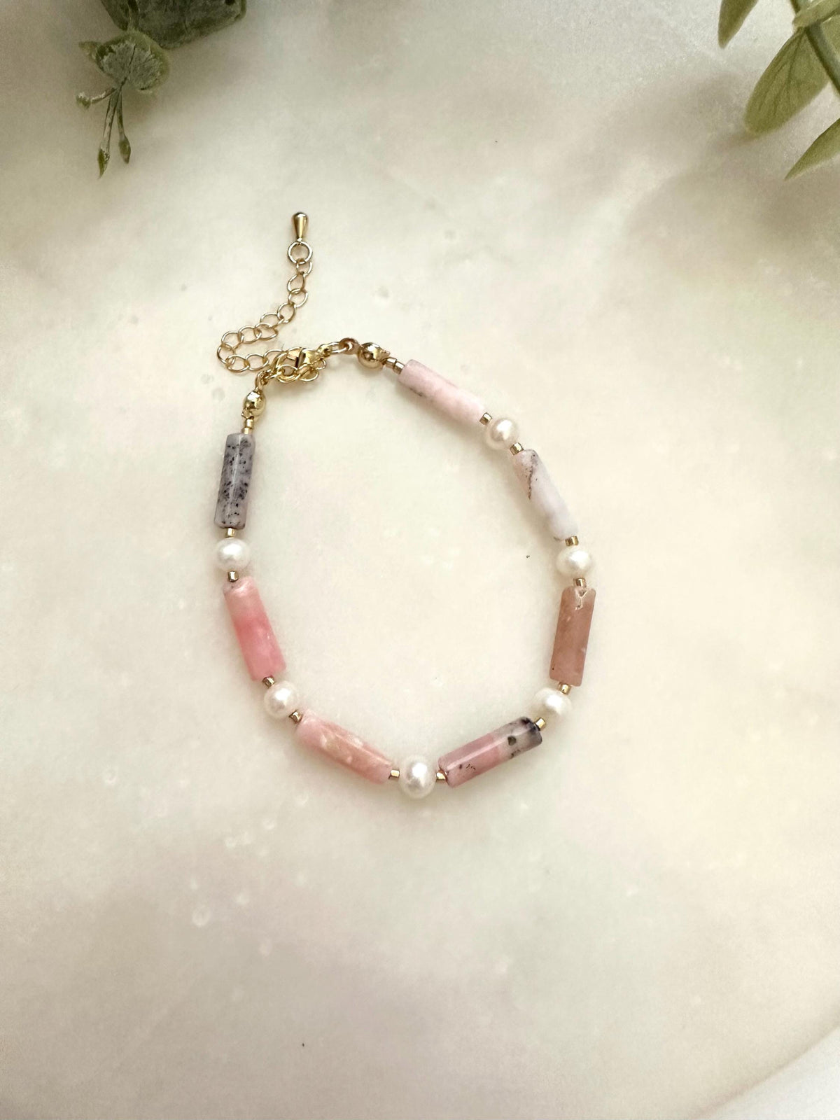 Pink Opal & Freshwater Pearl Bracelet | Gold Filled Gemstone Bracelet