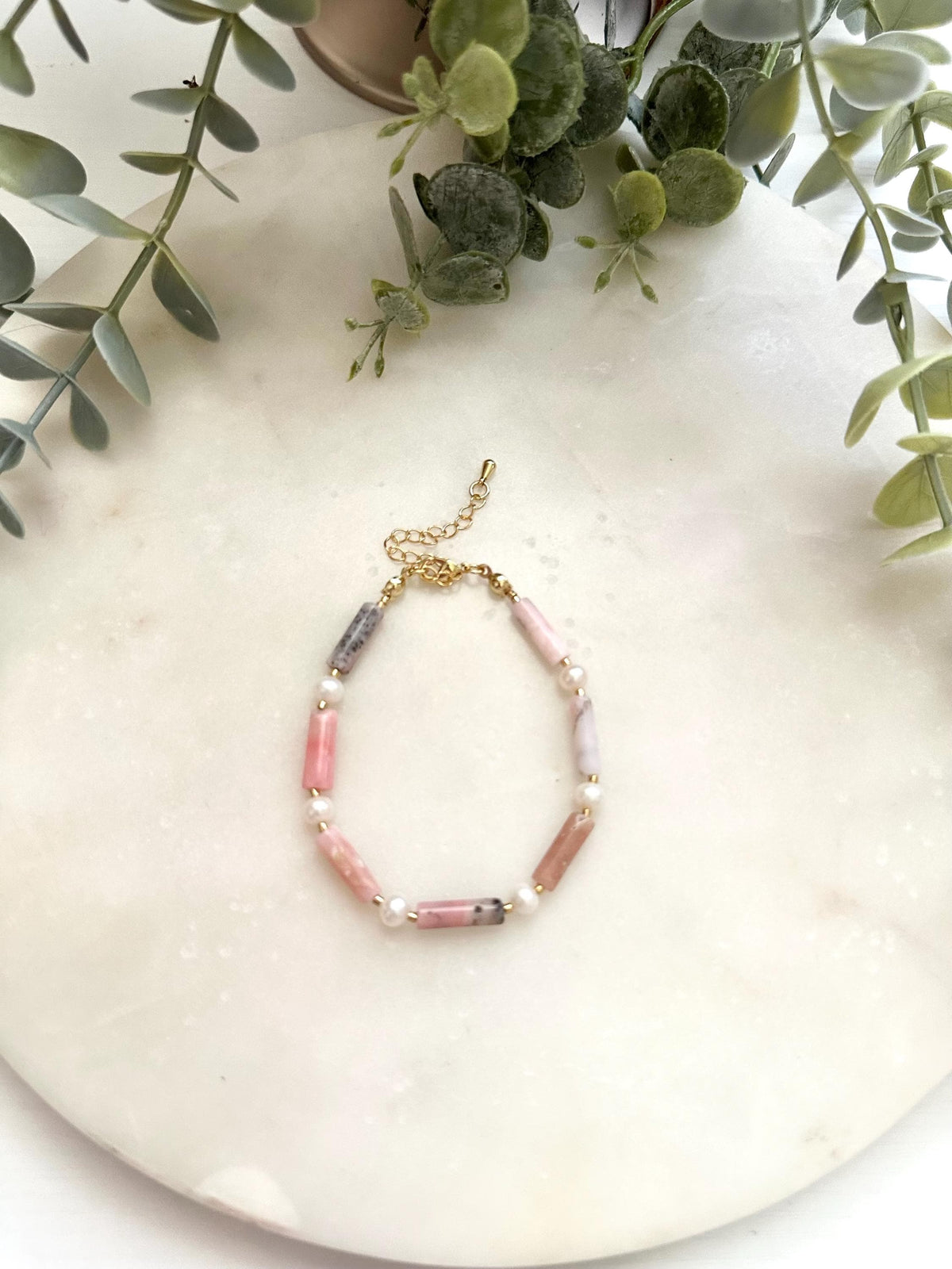 Pink Opal & Freshwater Pearl Bracelet | Gold Filled Gemstone Bracelet