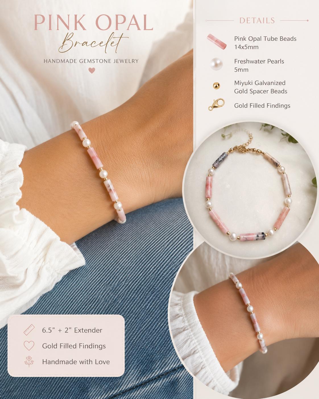 Pink Opal & Freshwater Pearl Bracelet | Gold Filled Gemstone Bracelet