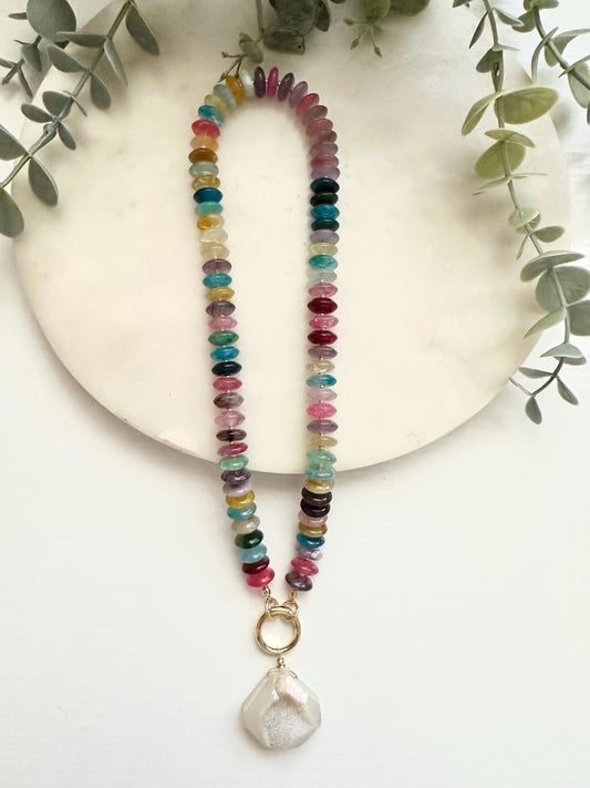 Multicolor Agate Necklace with Aura Druzy Pendant | Gold Filled Carabiner Gemstone Necklace