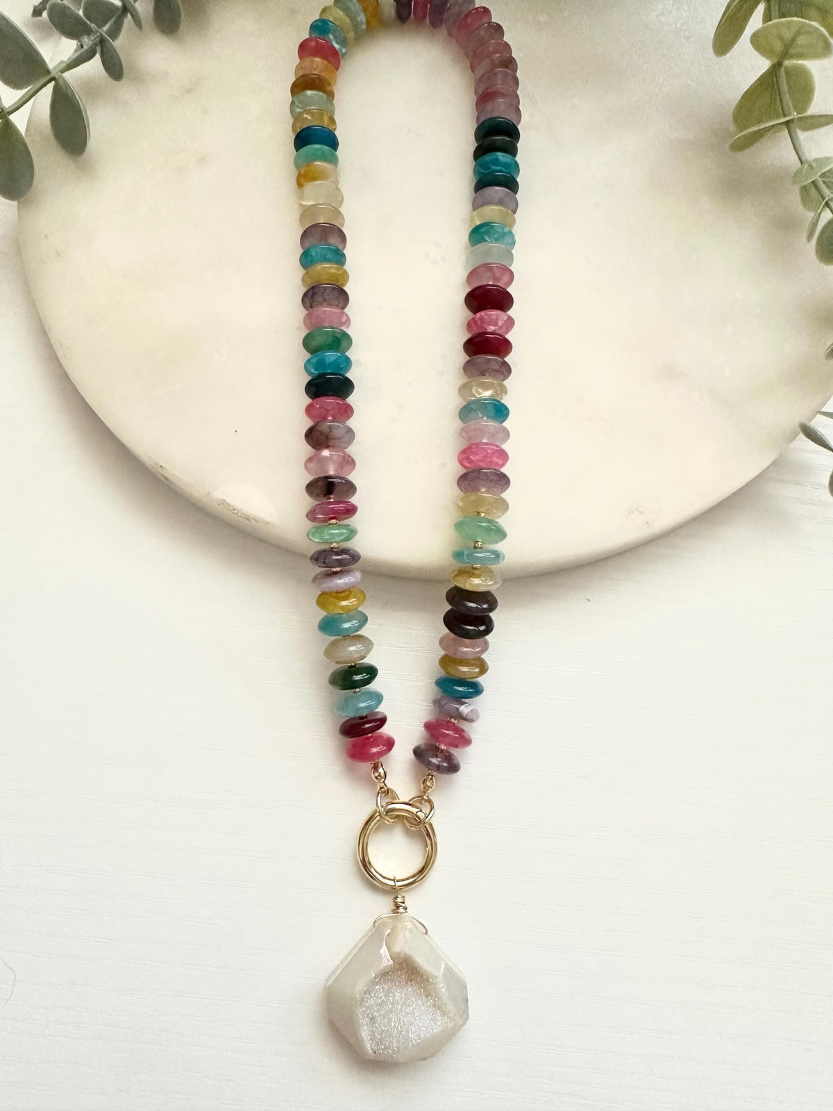 Multicolor Agate Necklace with Aura Druzy Pendant | Gold Filled Carabiner Gemstone Necklace