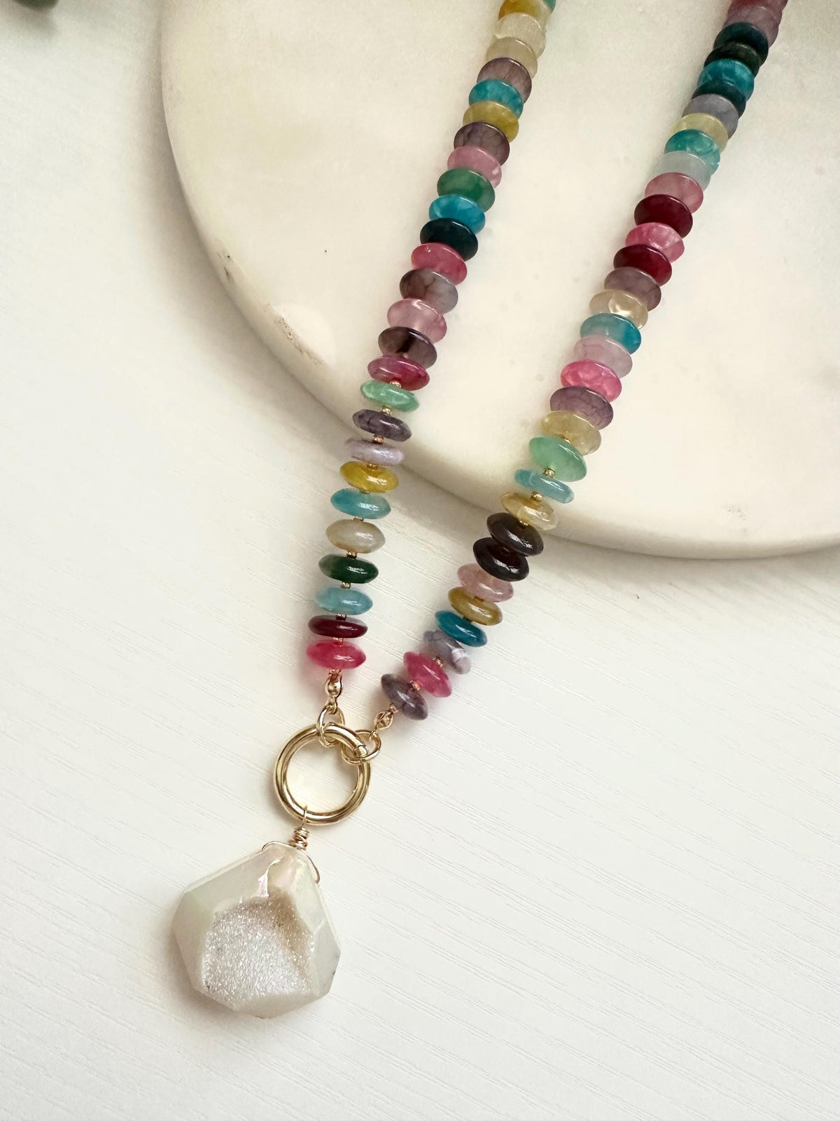 Multicolor Agate Necklace with Aura Druzy Pendant | Gold Filled Carabiner Gemstone Necklace