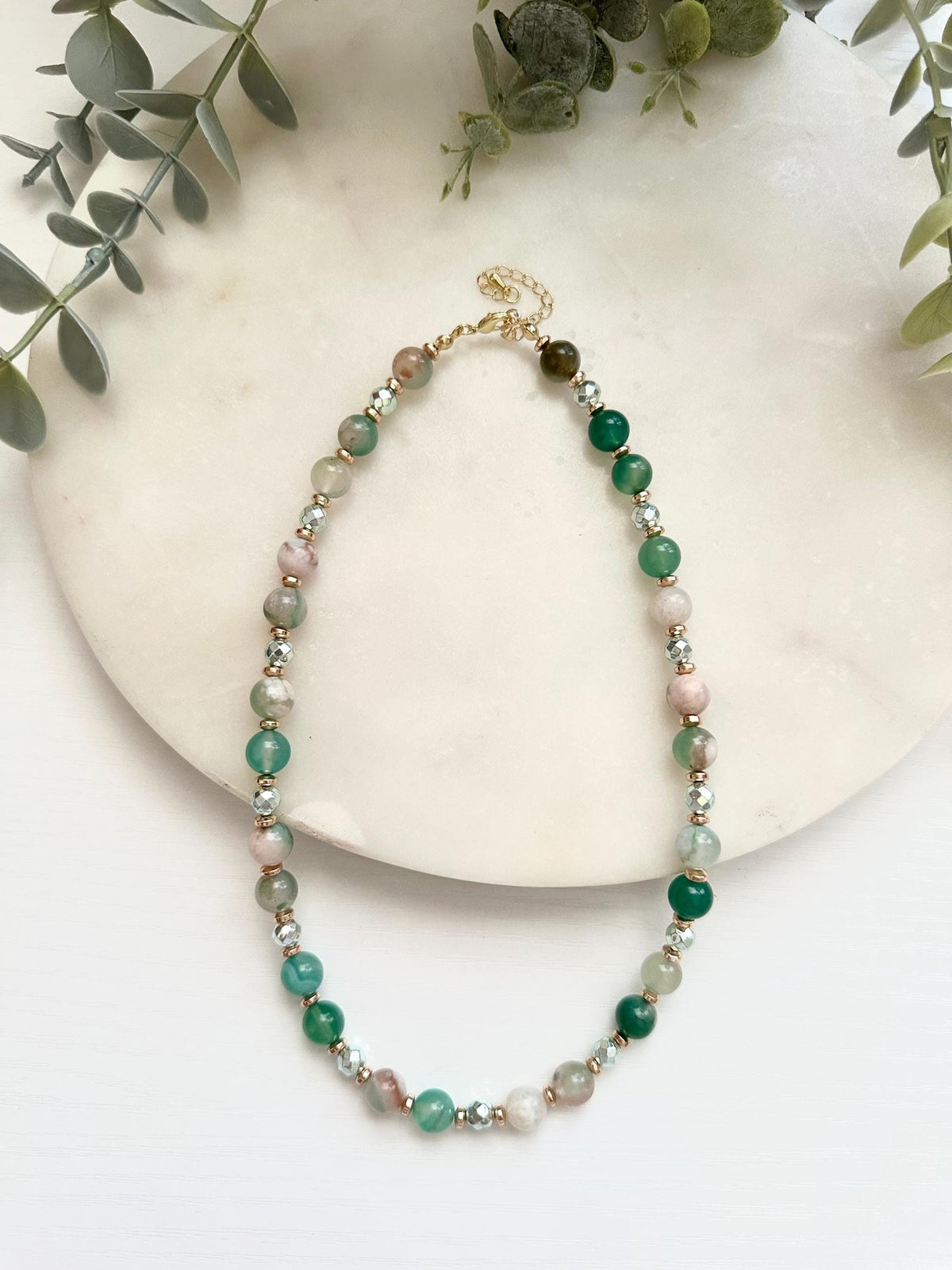 Green Flower Agate & Hematite Necklace | Gold Filled Gemstone Necklace