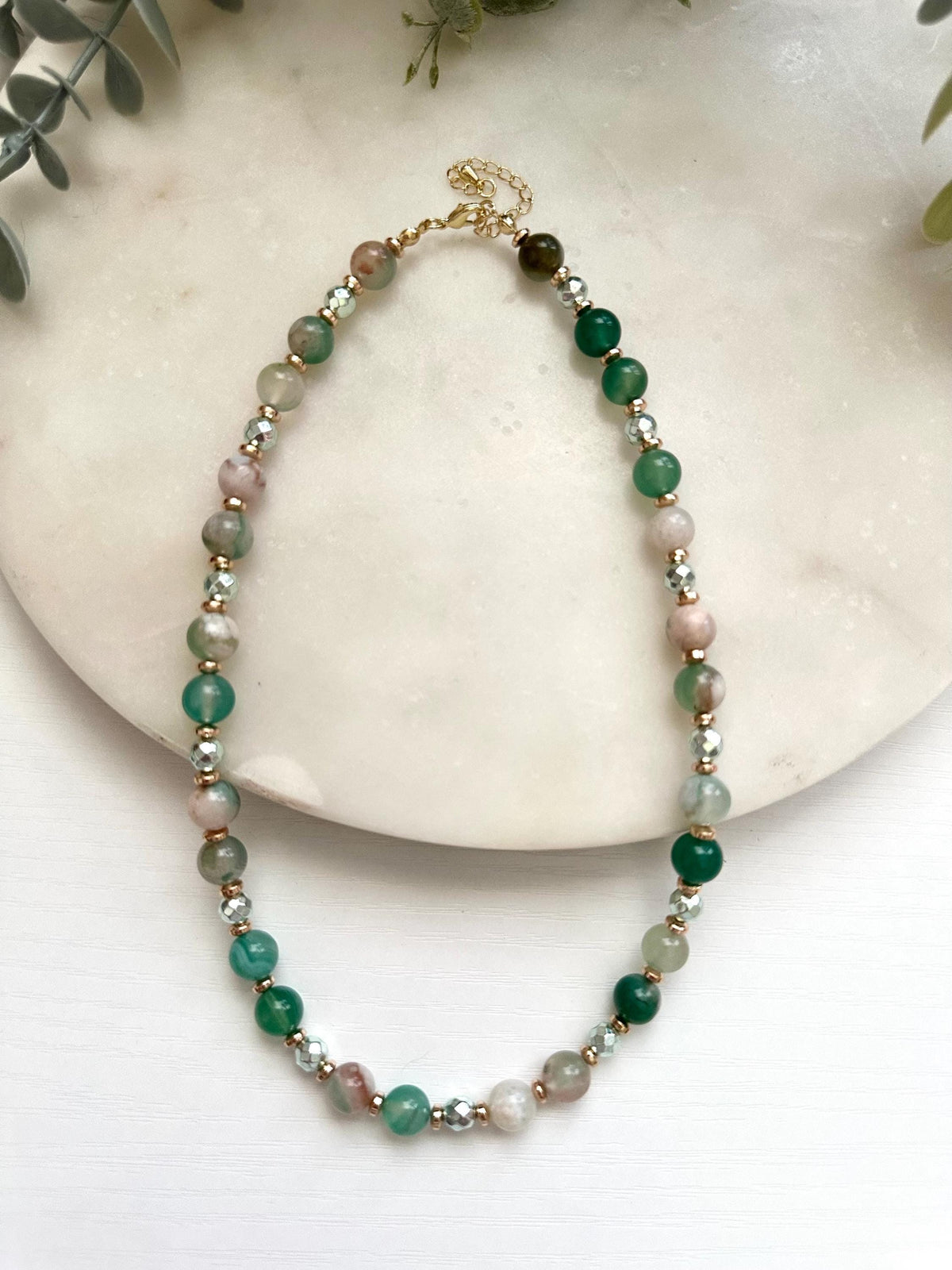 Green Flower Agate & Hematite Necklace | Gold Filled Gemstone Necklace