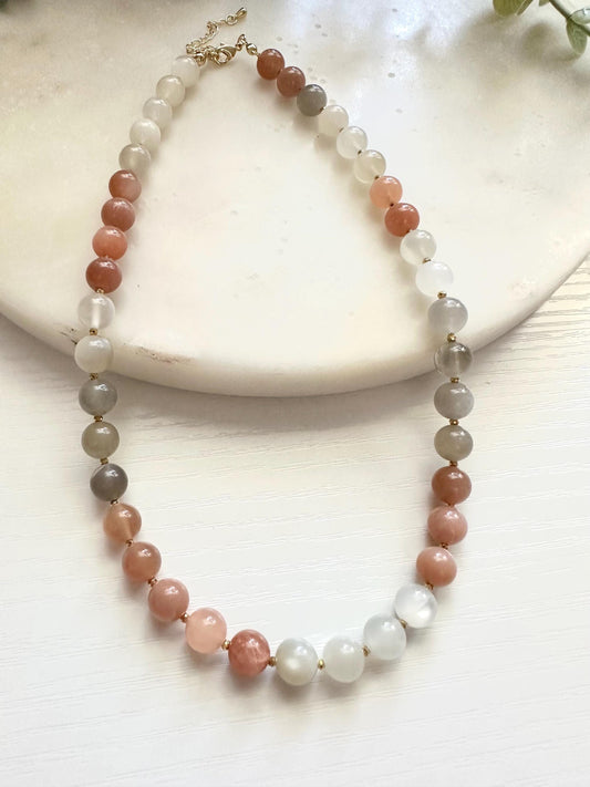 Multi Moonstone Necklace | Peach Gray & White Moonstone | Gold Filled Gemstone Necklace