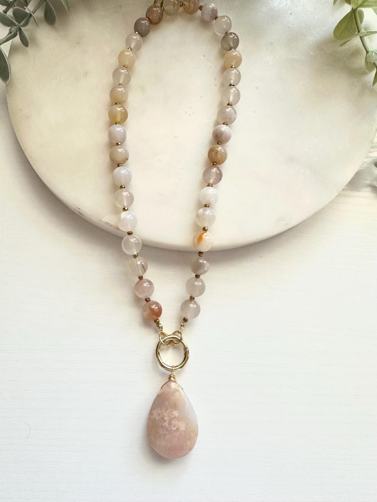 Flower Agate Necklace with Large Teardrop Pendant | Gold Filled Carabiner Gemstone Necklace
