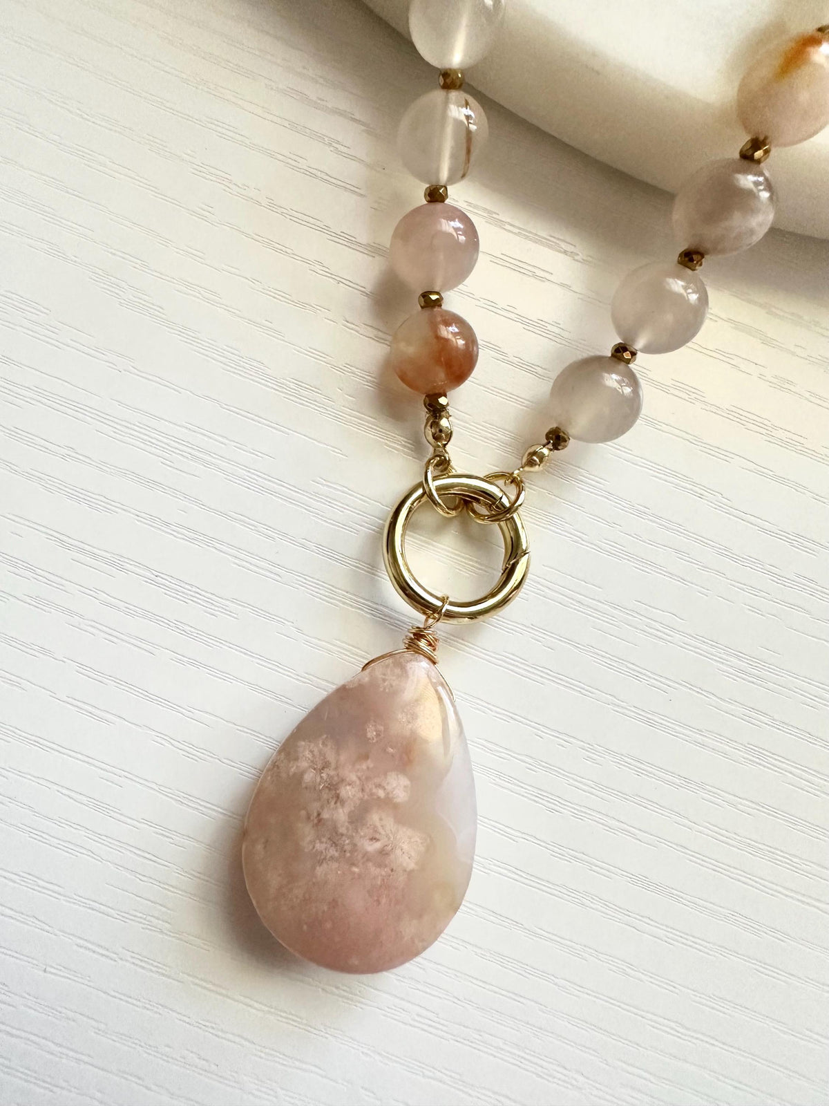 Flower Agate Necklace with Large Teardrop Pendant | Gold Filled Carabiner Gemstone Necklace