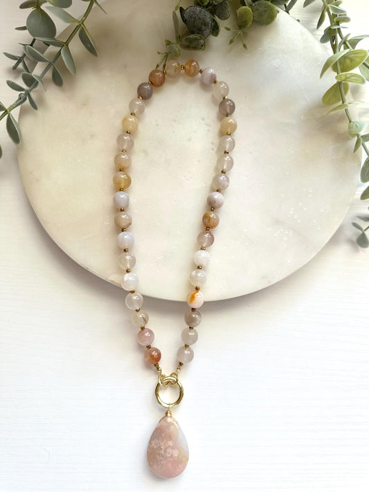 Flower Agate Necklace with Large Teardrop Pendant | Gold Filled Carabiner Gemstone Necklace
