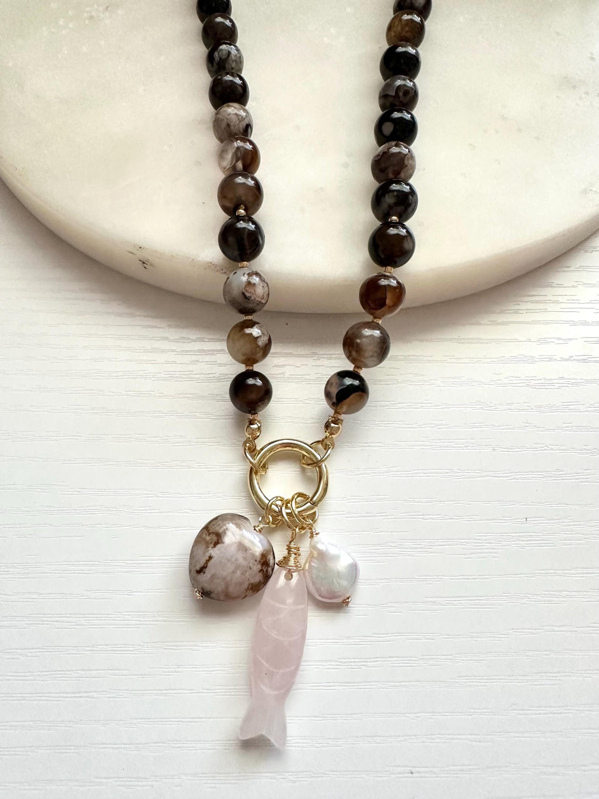 Black Sakura Agate Necklace with Rose Quartz Fish & Pearl | Gold Filled Carabiner Gemstone Necklace