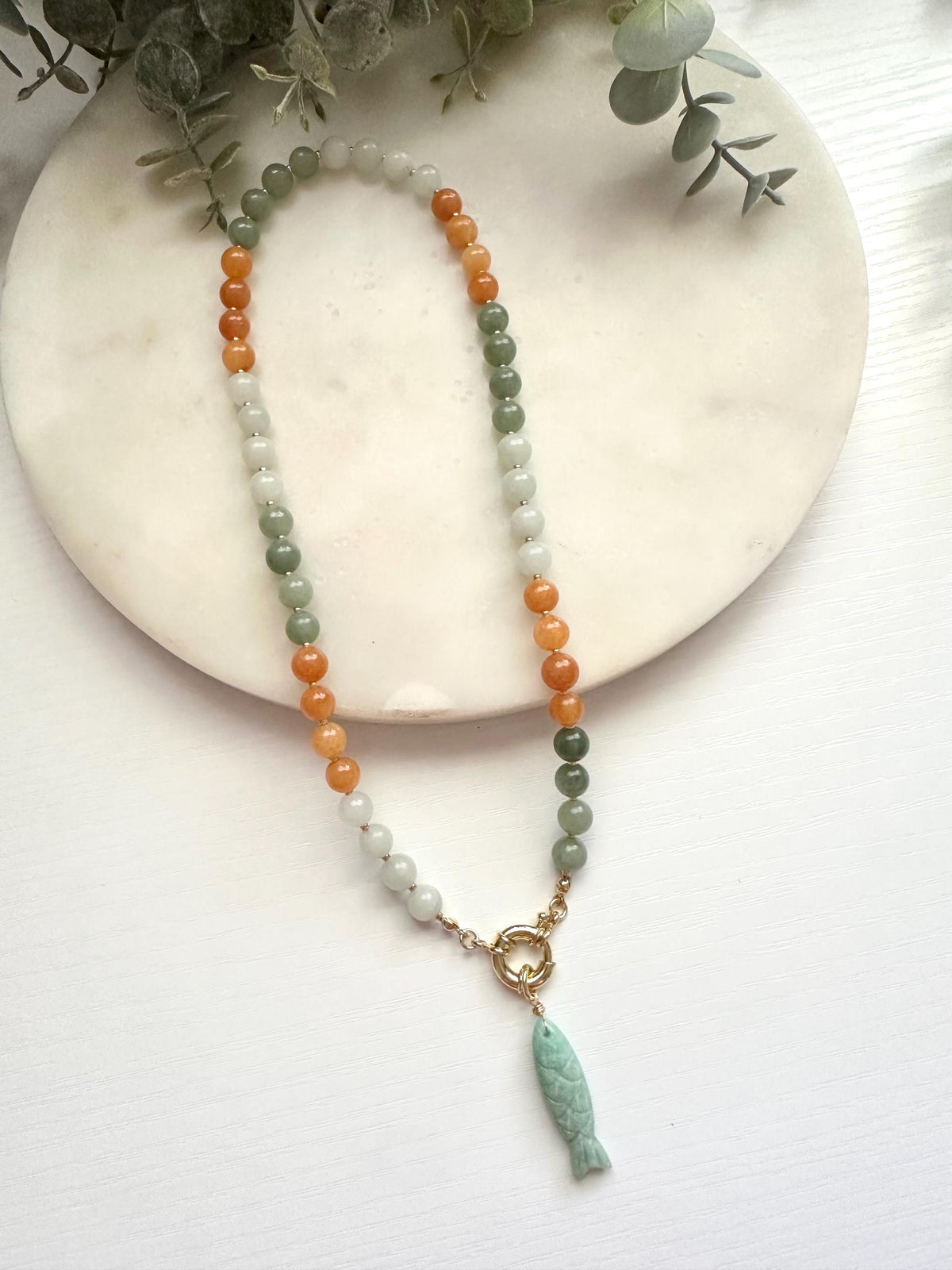 Jade Necklace with Amazonite Fish Pendant | Gold Filled Mariner Clasp Gemstone Necklace