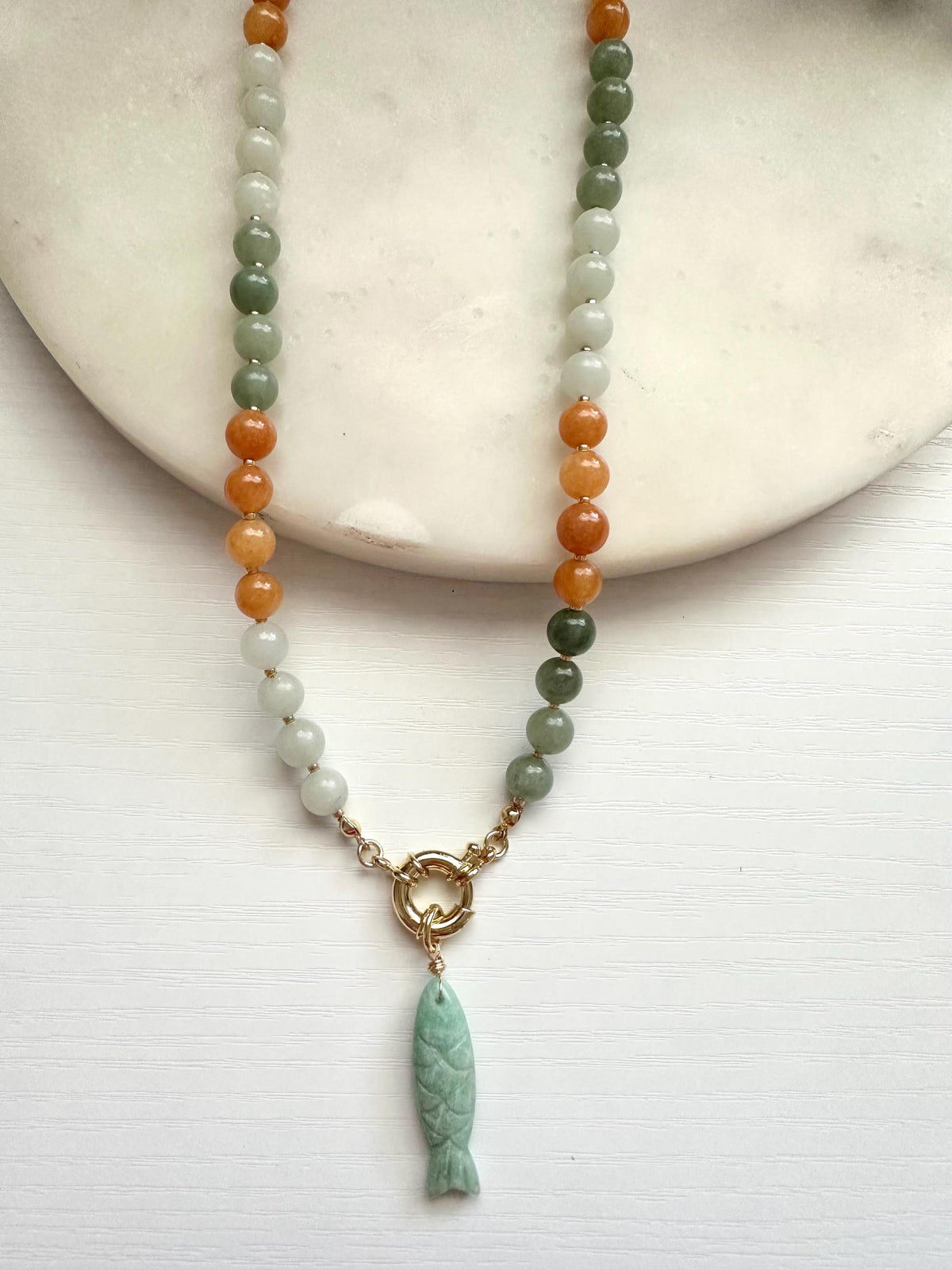 Jade Necklace with Amazonite Fish Pendant | Gold Filled Mariner Clasp Gemstone Necklace