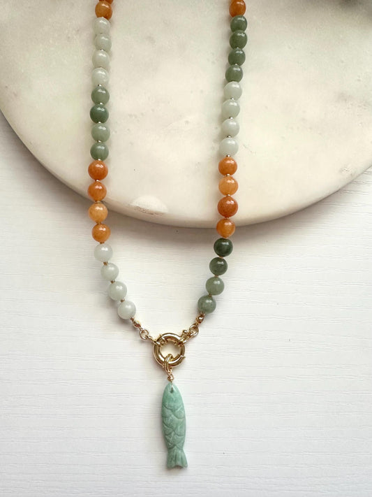 Jade Necklace with Amazonite Fish Pendant | Gold Filled Mariner Clasp Gemstone Necklace